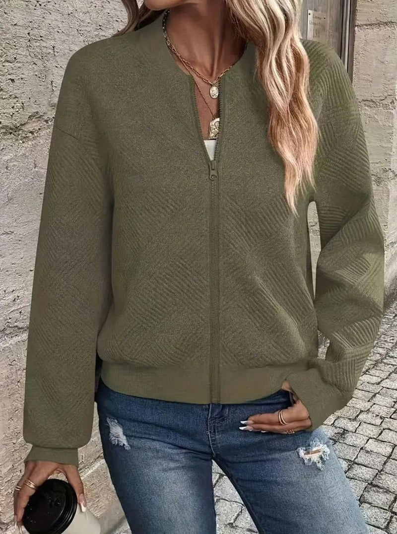 Textured Knit Bomber Jacket for Women with Zip Front and Ribbed Trim in Army Green, zipped front view