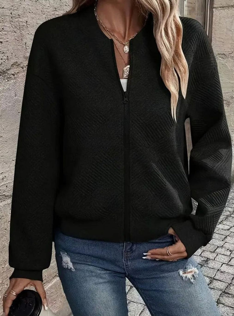 Textured Knit Bomber Jacket for Women with Zip Front and Ribbed Trim in Black, zipped front view