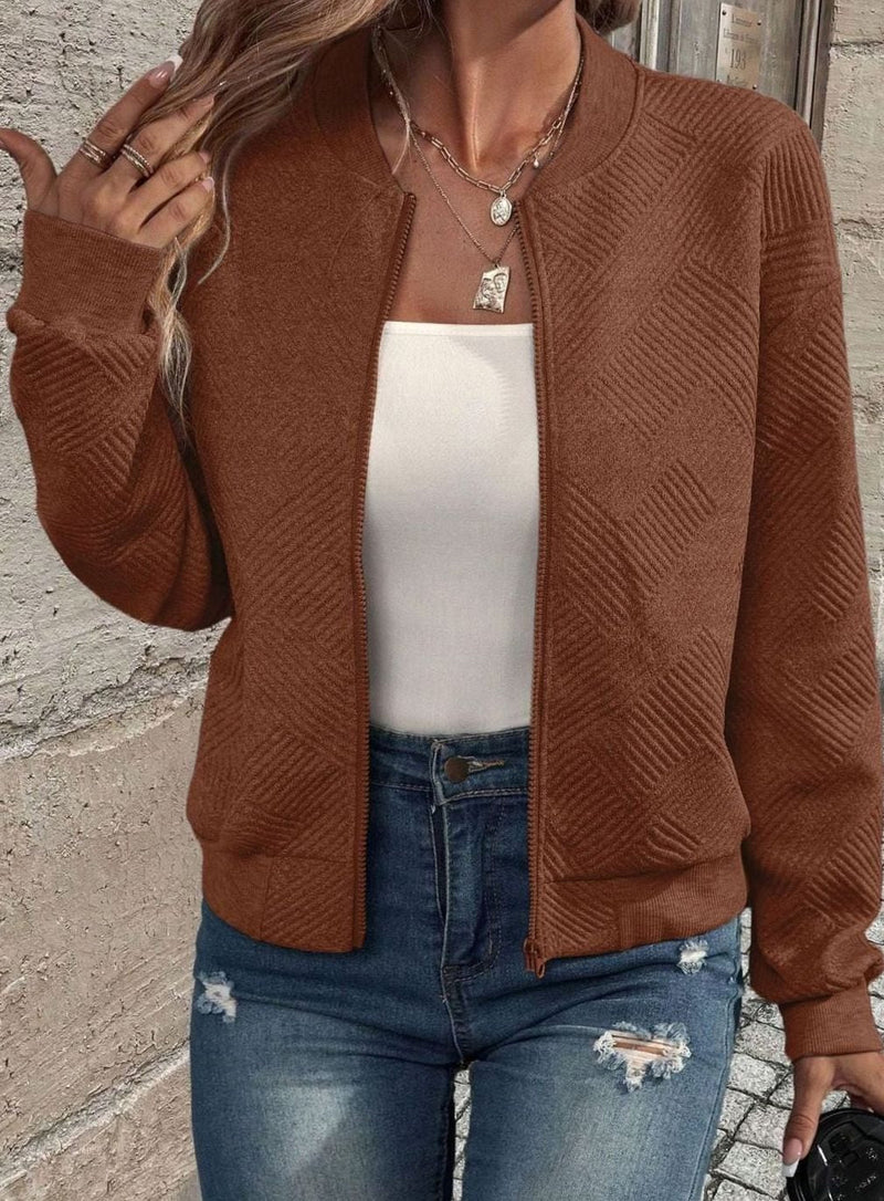 Textured Knit Bomber Jacket for Women with Zip Front and Ribbed Trim in Brown, open front view