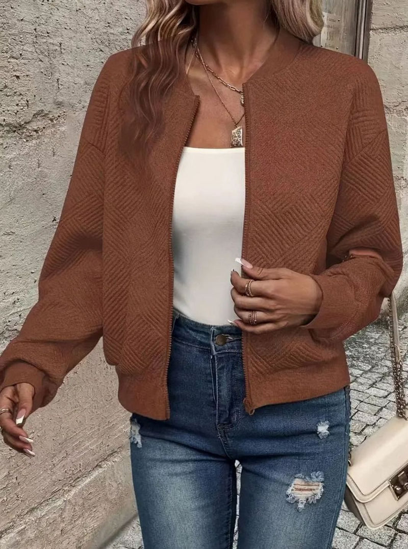 Textured Knit Bomber Jacket for Women with Zip Front and Ribbed Trim in Brown, styled view