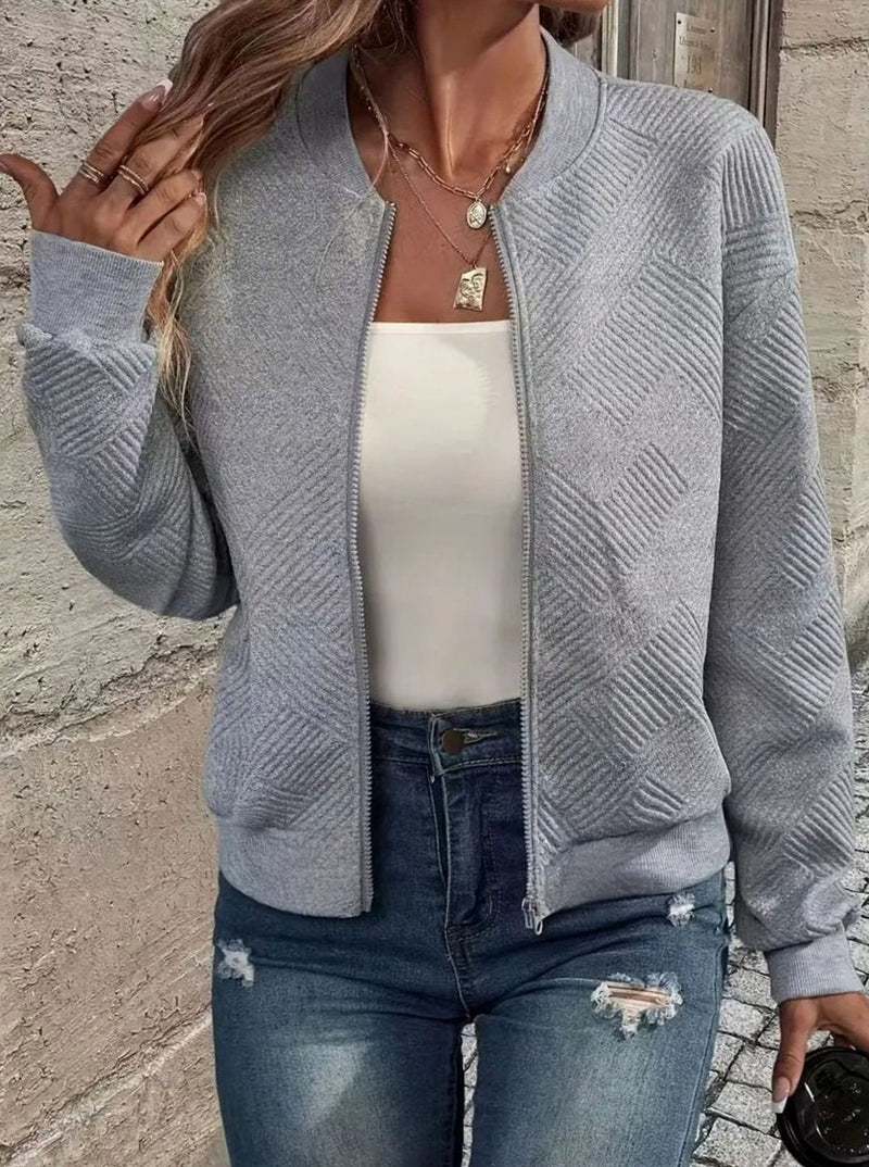 Textured Knit Bomber Jacket for Women with Zip Front and Ribbed Trim in Gray, open front view