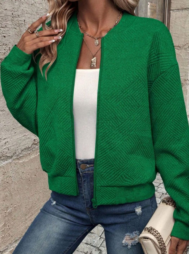 Textured Knit Bomber Jacket for Women with Zip Front and Ribbed Trim in Green, open front view