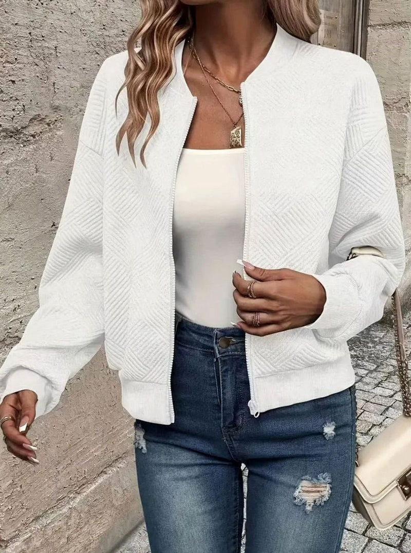 Textured Knit Bomber Jacket for Women with Zip Front and Ribbed Trim in White, styled view