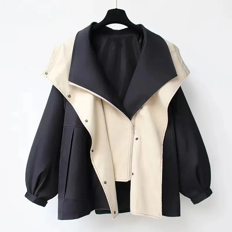 Color Block Utility Jacket for Women with Hood and Drawstring Waist in Black, front view