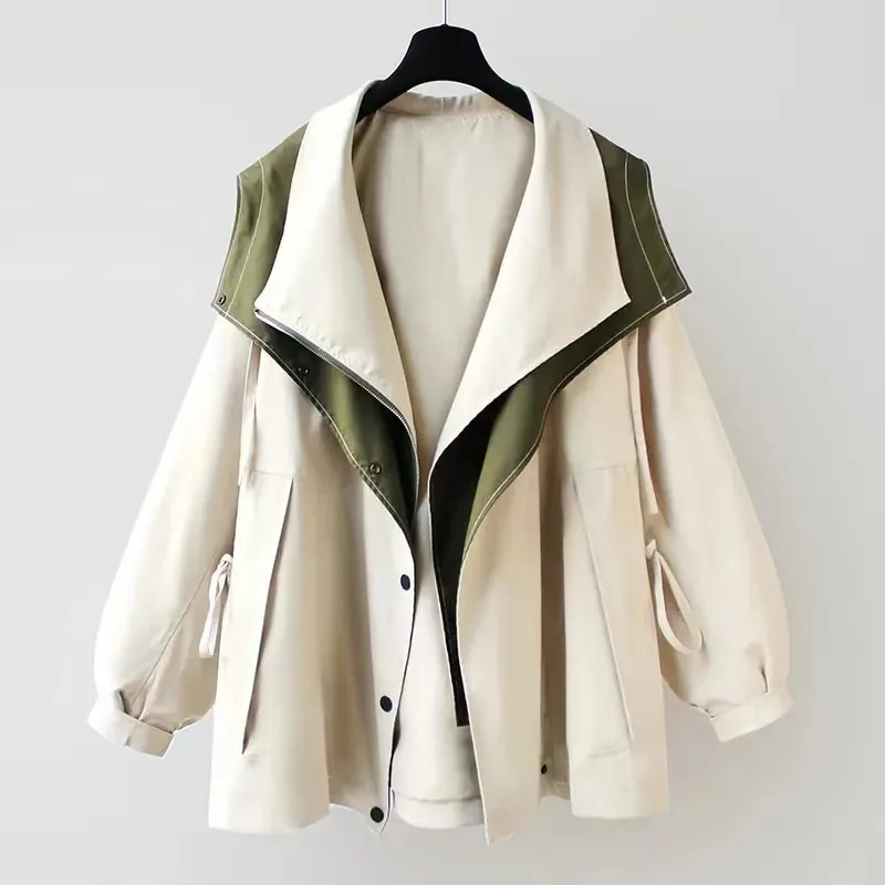 Color Block Utility Jacket for Women with Hood and Drawstring Waist in Cream, front view