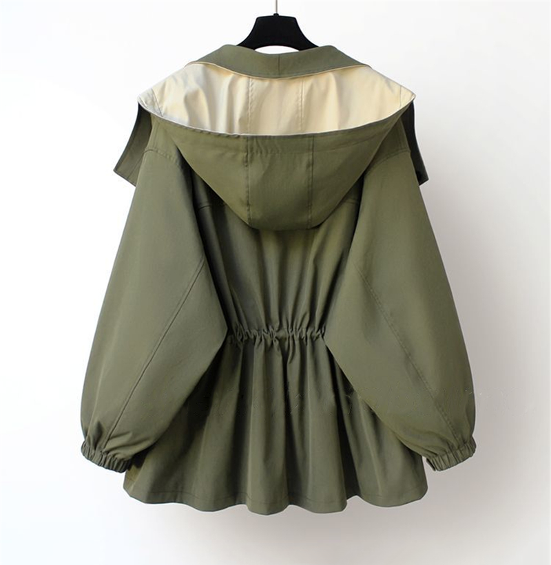 Color Block Utility Jacket for Women with Hood and Drawstring Waist in Green, back view
