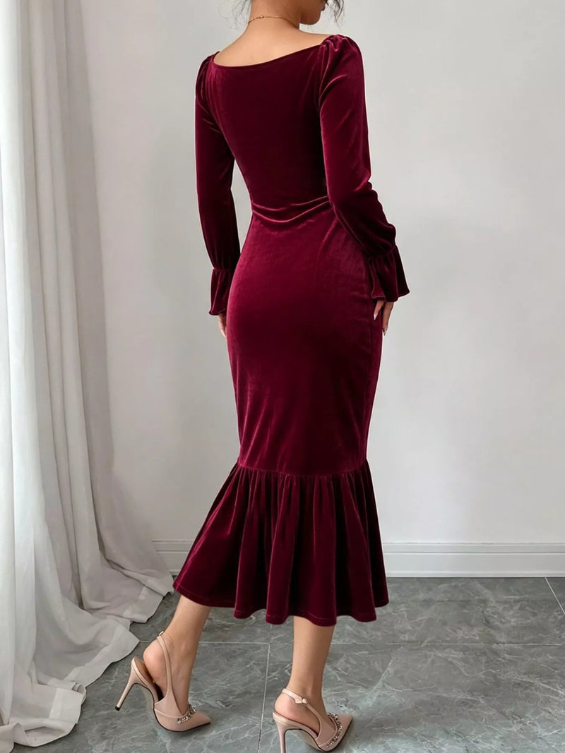 Velvet Wrap Midi Dress for Women with Ruffle Hem and Long Sleeves in Burgundy, back view