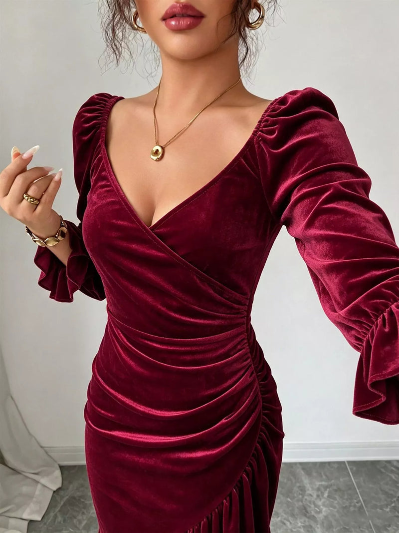 Velvet Wrap Midi Dress for Women with Ruffle Hem and Long Sleeves in Burgundy, close-up