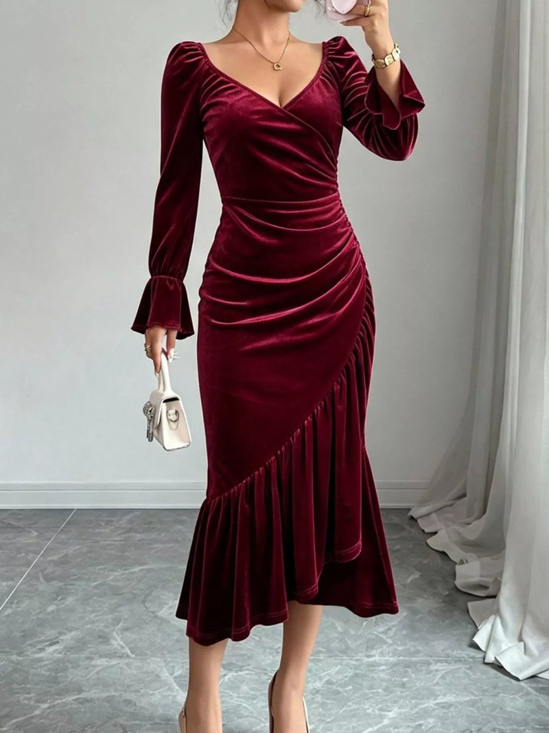 Velvet Wrap Midi Dress for Women with Ruffle Hem and Long Sleeves in Burgundy, styled front view