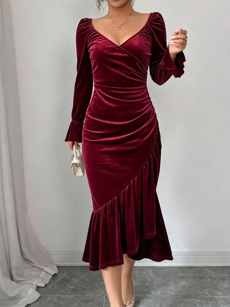 Velvet Wrap Midi Dress for Women with Ruffle Hem and Long Sleeves in Burgundy, three-quarter view