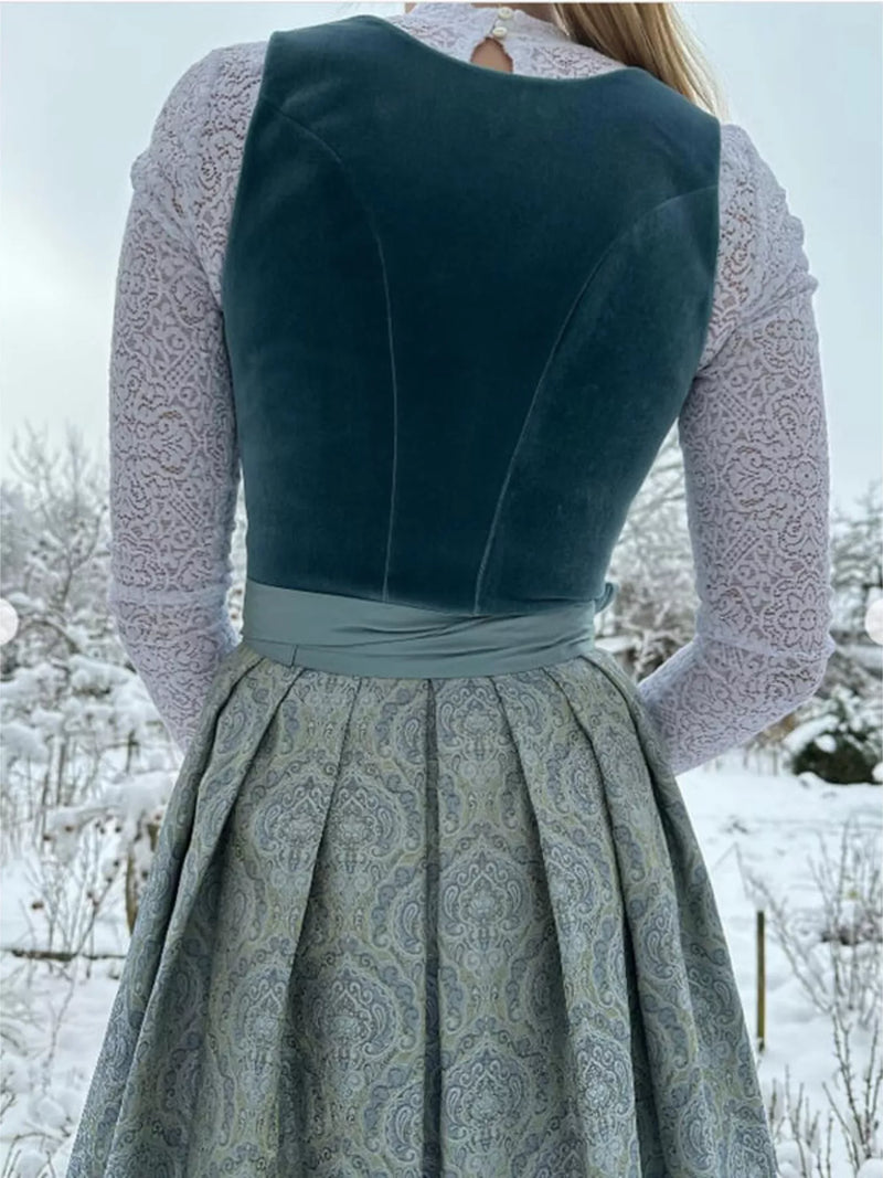 Velvet Pinafore Dirndl Dress for Women with Square Neck and Tie Apron in Teal, back view
