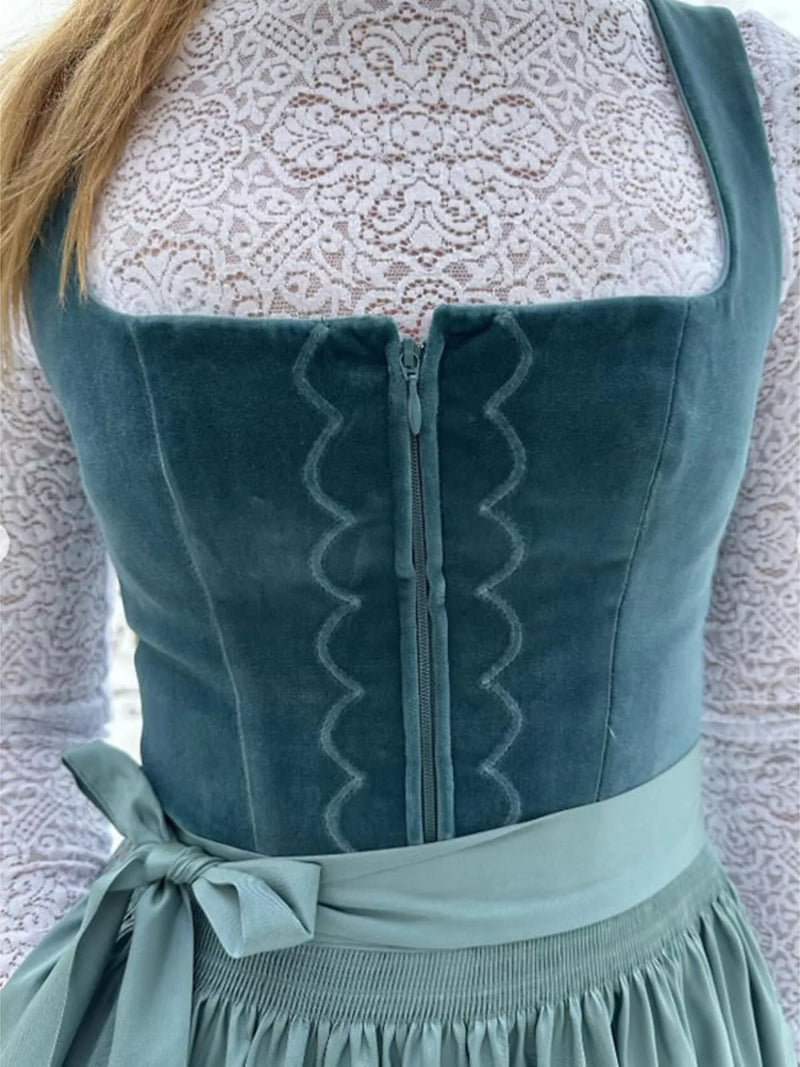 Velvet Pinafore Dirndl Dress for Women with Square Neck and Tie Apron in Teal, bodice close-up