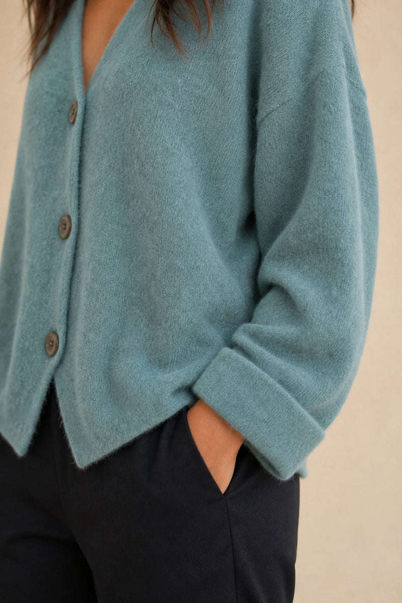 Ramona | Button-Front Cardigan in Lake blue, fabric close-up