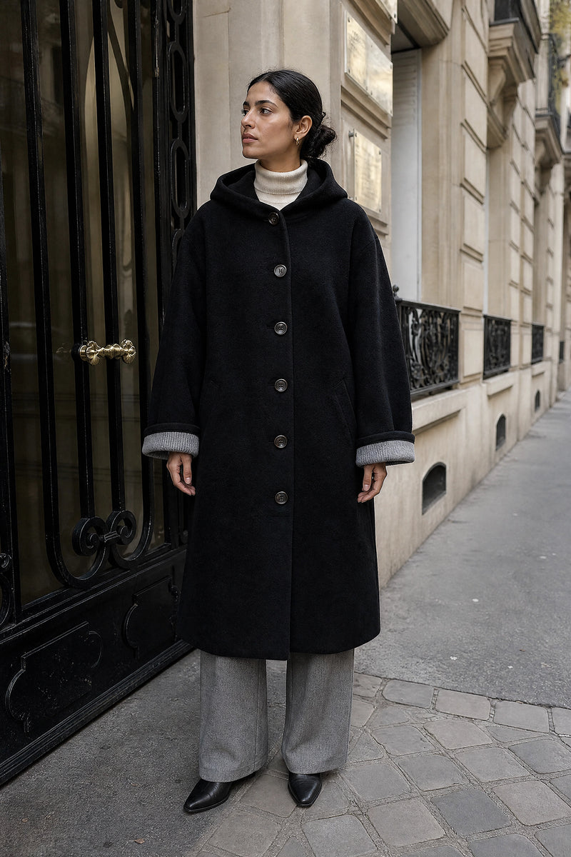 SOFAINE-V7-LIFE-Lana | Hooded Longline Coat in Black, street-style view