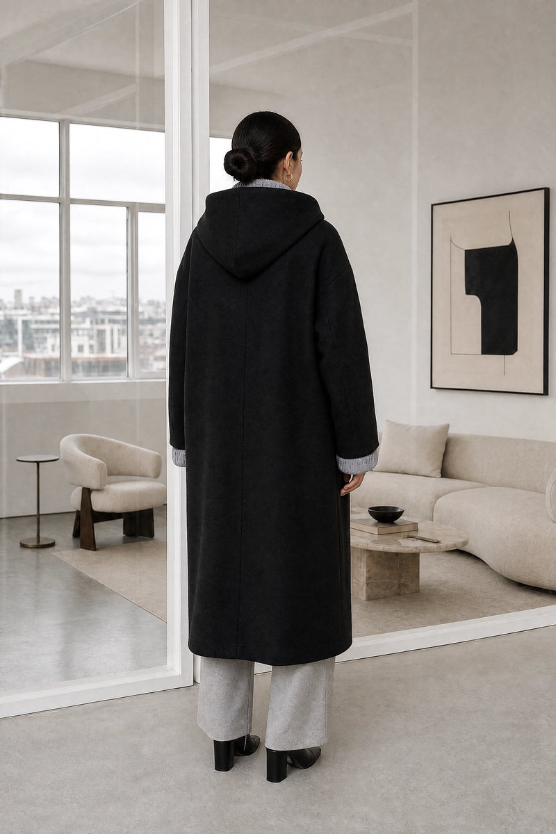 Lana | Hooded Longline Coat in Black, studio back view