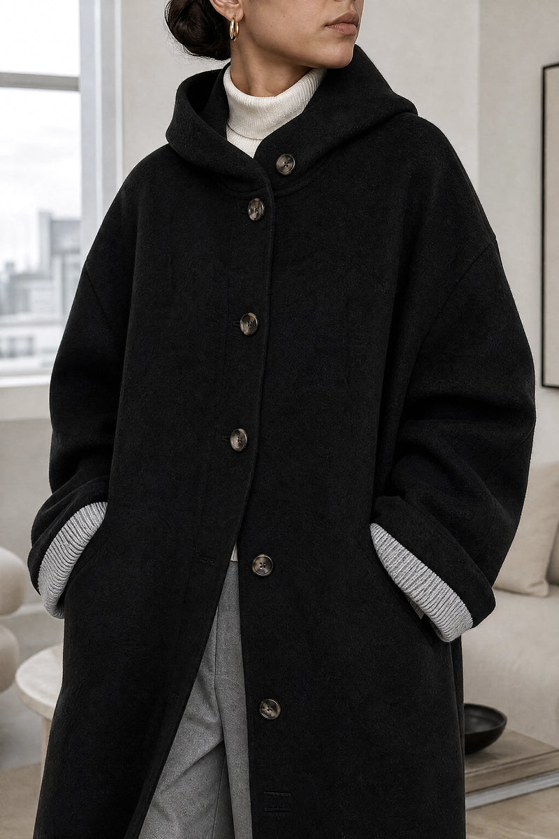 Lana | Hooded Longline Coat in Black, fabric close-up