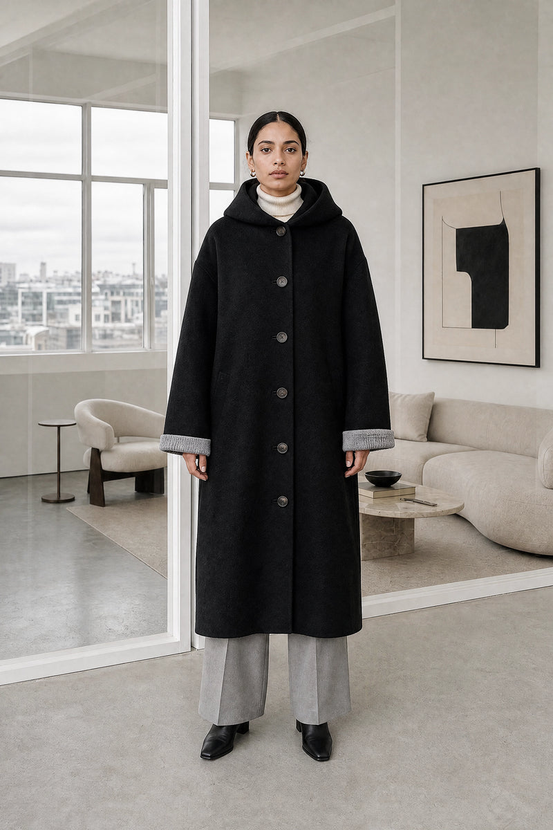 Lana | Hooded Longline Coat in Black, studio front view