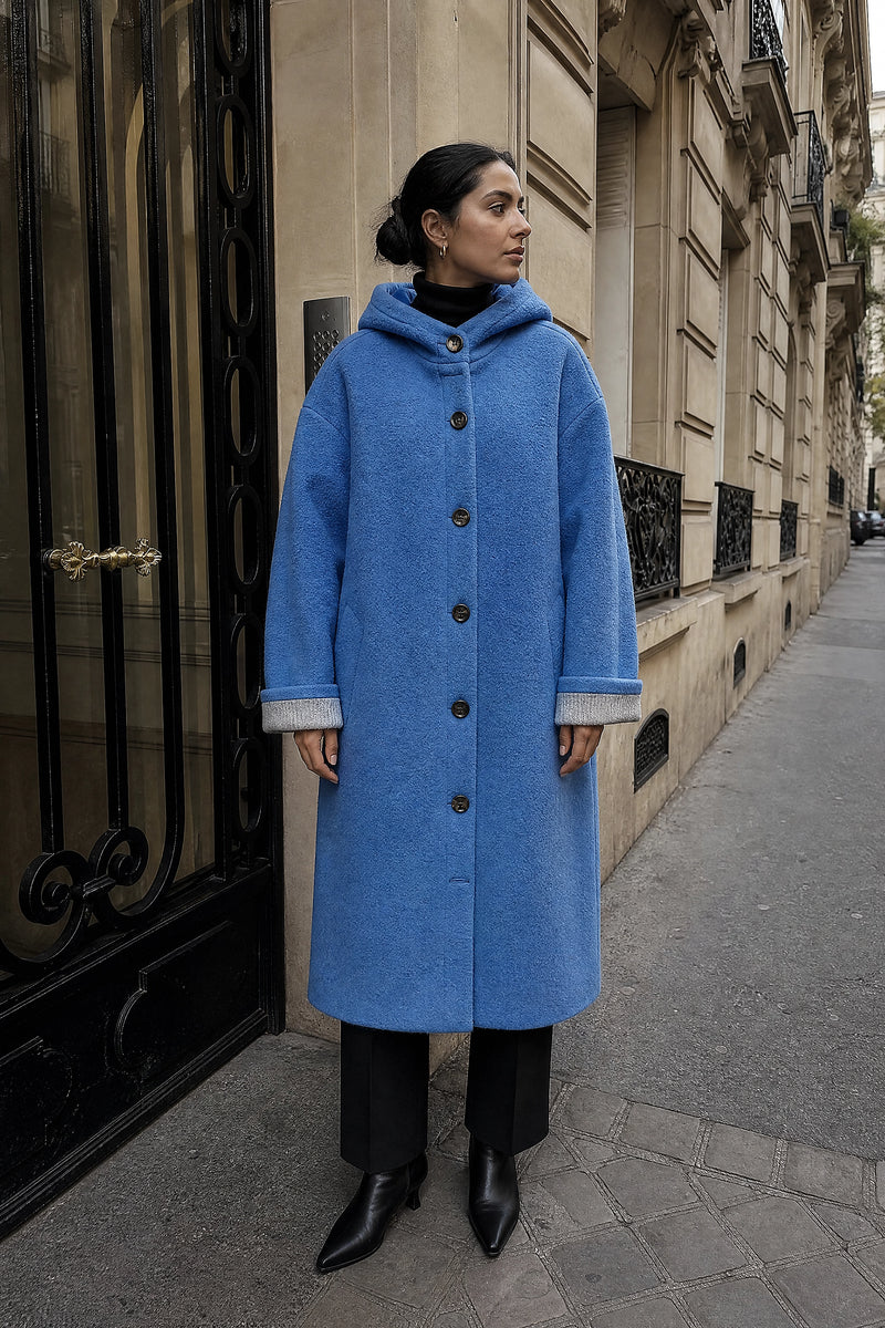 SOFAINE-V7-LIFE-Lana | Hooded Longline Coat in Blue, street-style view