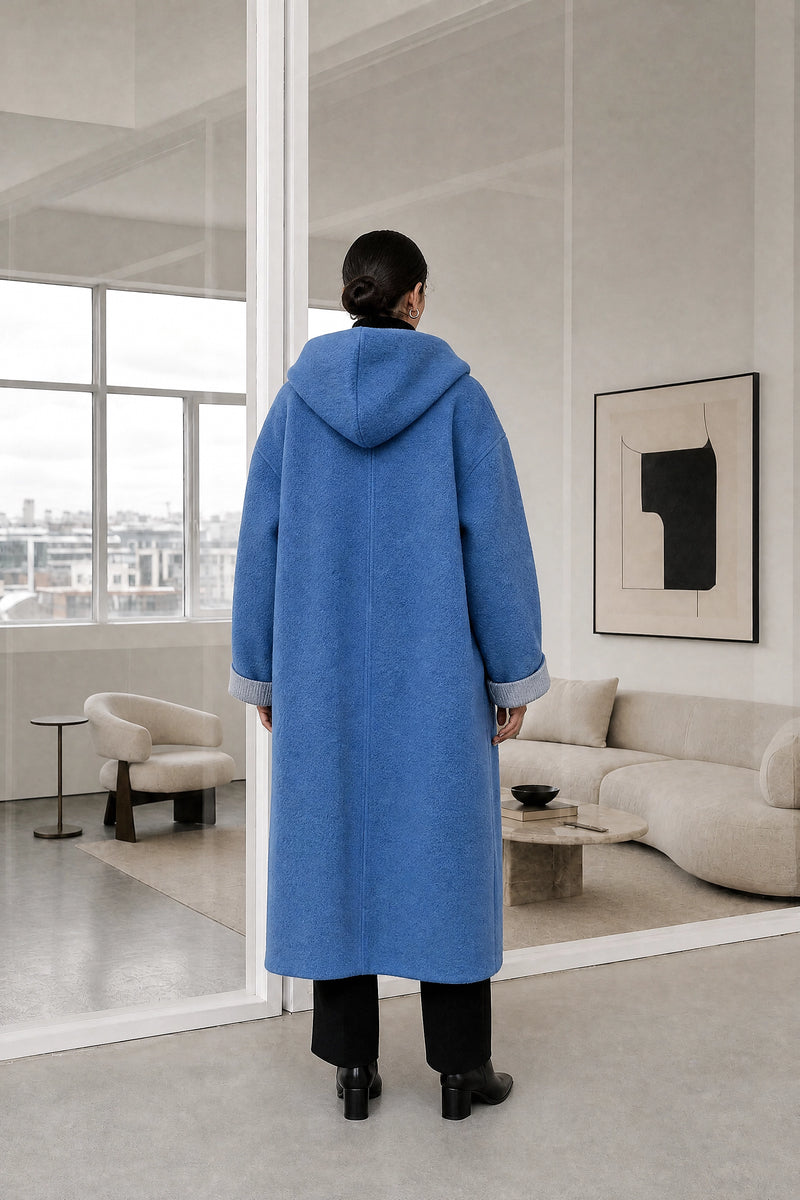 Lana | Hooded Longline Coat in Blue, studio back view