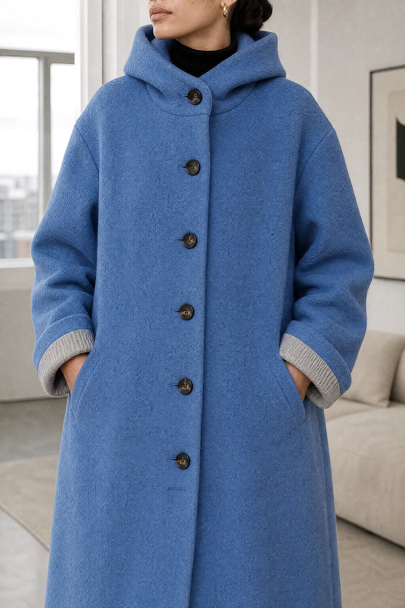 Lana | Hooded Longline Coat in Blue, fabric close-up