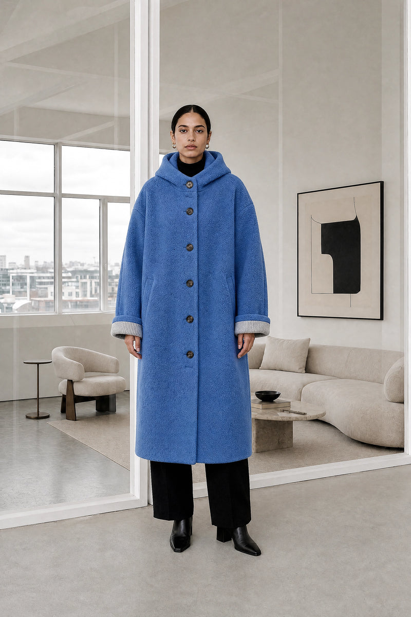 Lana | Hooded Longline Coat in Blue, studio front view