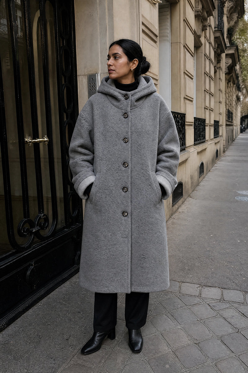 SOFAINE-V7-LIFE-Lana | Hooded Longline Coat in Gray, street-style view