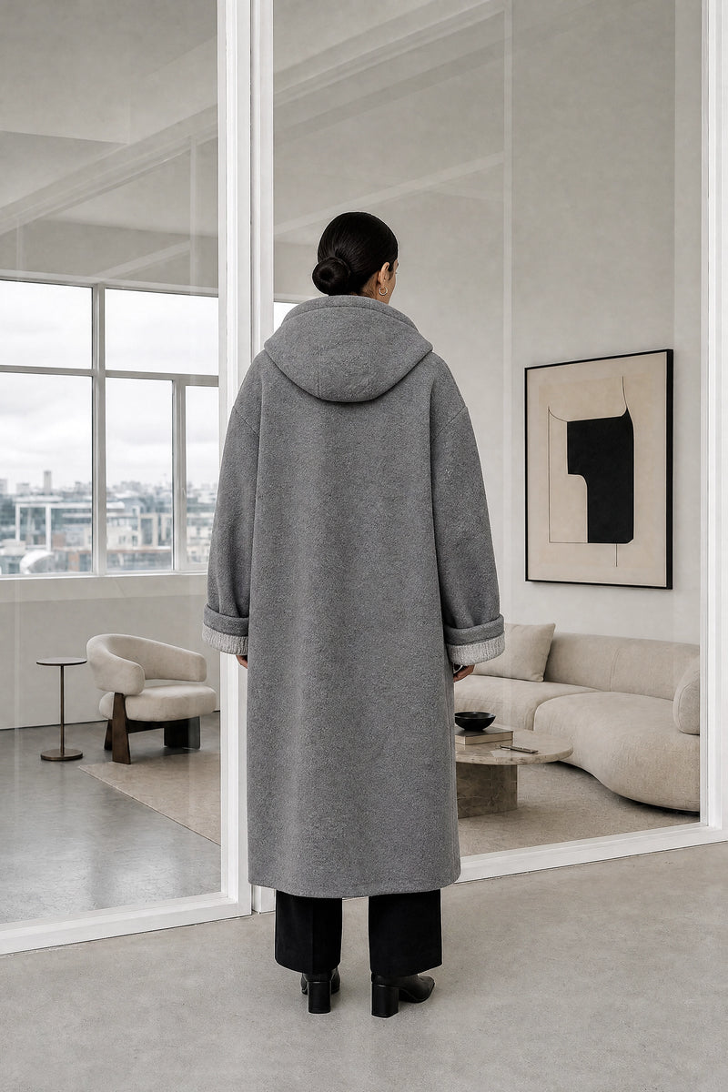 Lana | Hooded Longline Coat in Gray, studio back view