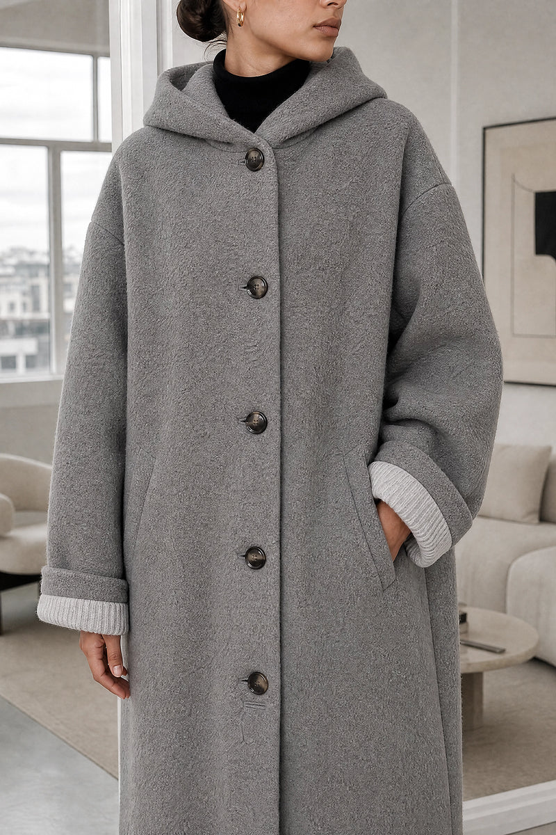 Lana | Hooded Longline Coat in Gray, fabric close-up