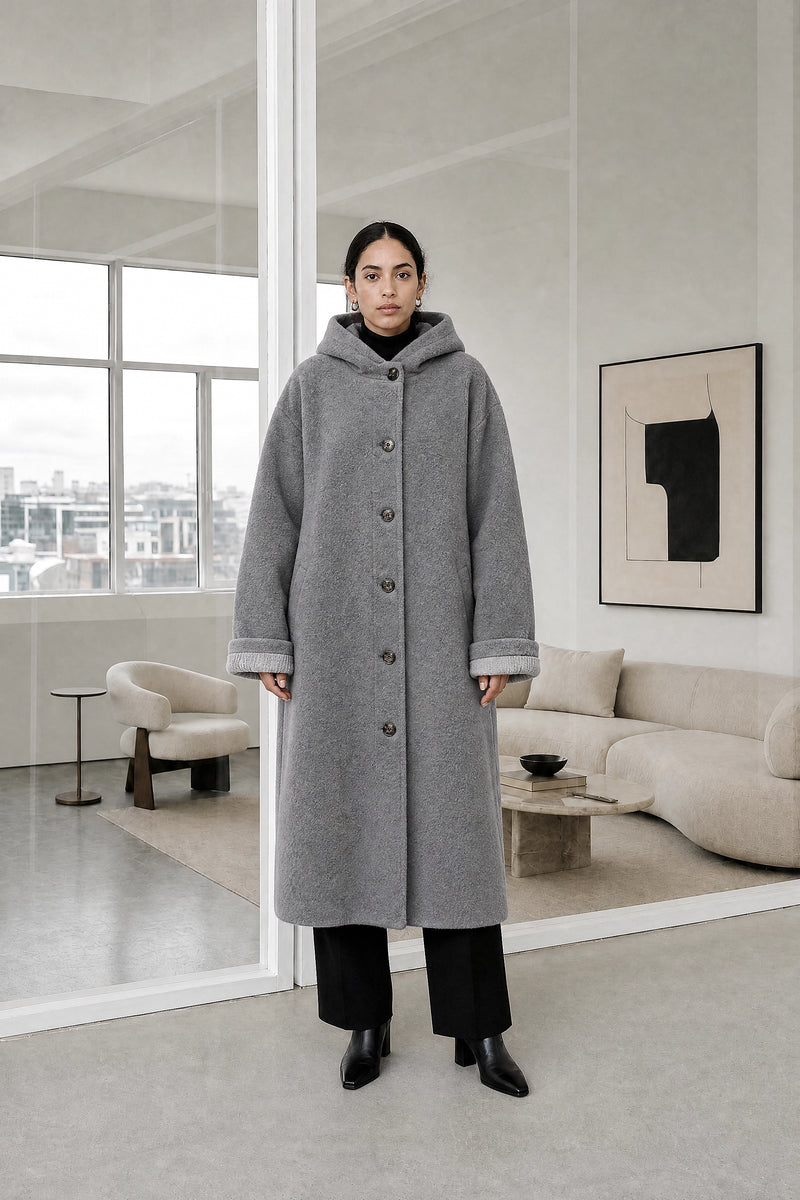 Lana | Hooded Longline Coat in Gray, studio front view
