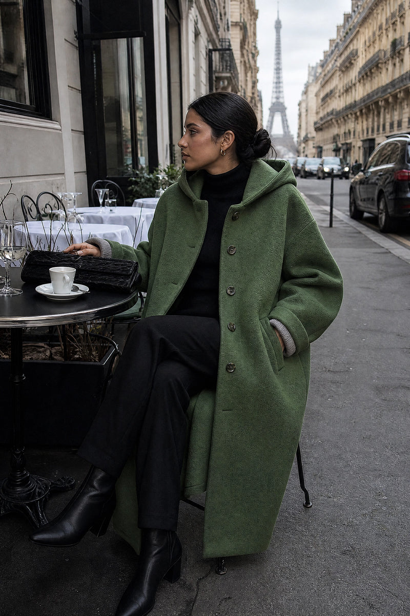 SOFAINE-V7-LIFE-Lana | Hooded Longline Coat in Green, café scene