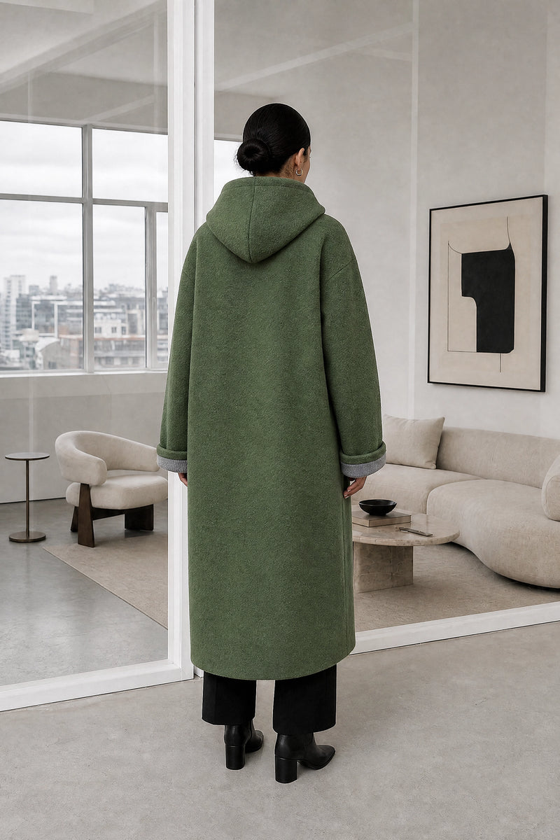 Lana | Hooded Longline Coat in Green, studio back view
