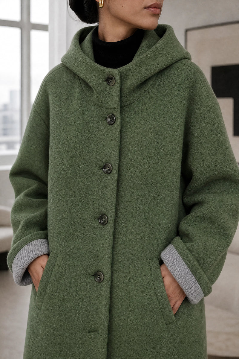 Lana | Hooded Longline Coat in Green, fabric close-up