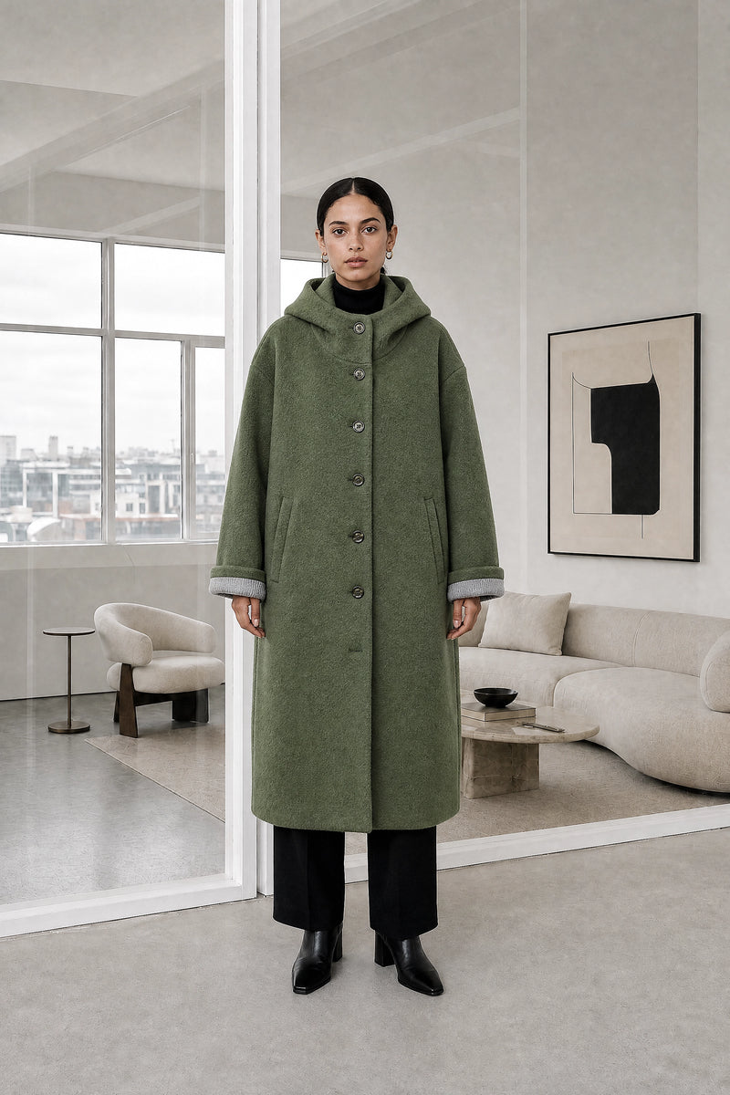 Lana | Hooded Longline Coat in Green, studio front view