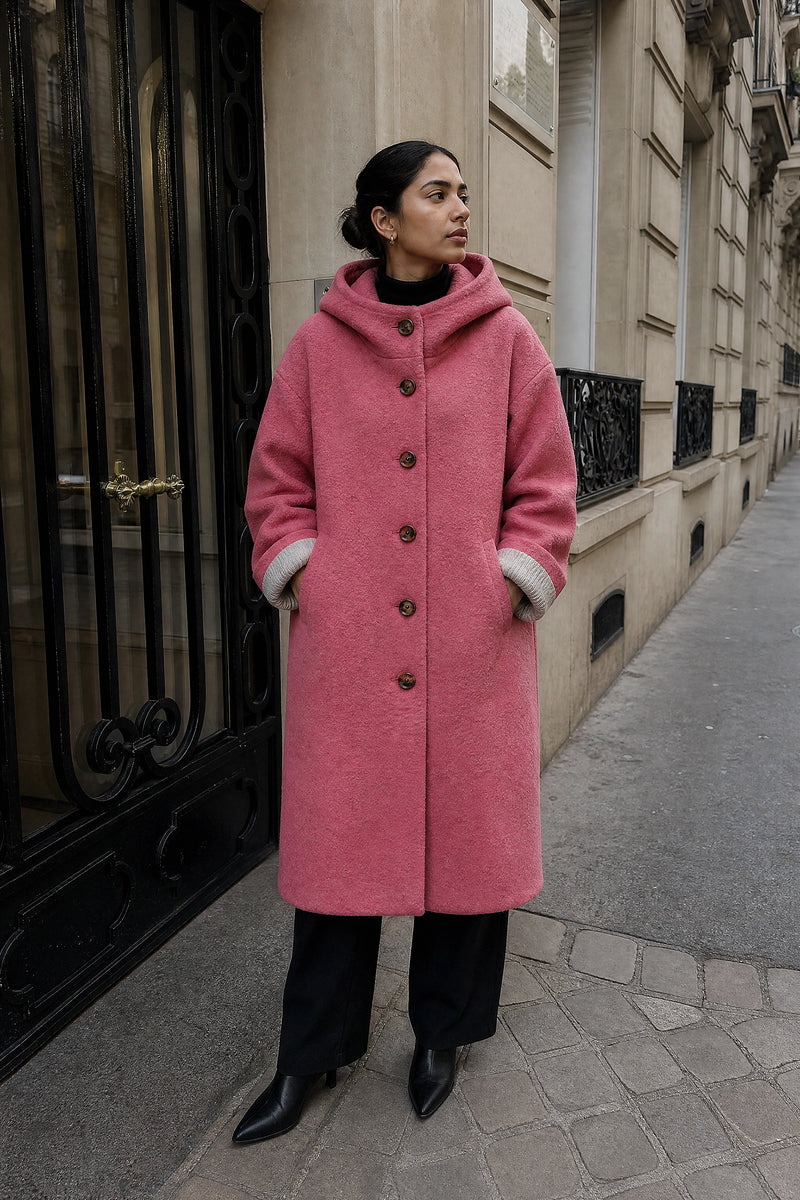 SOFAINE-V7-LIFE-Lana | Hooded Longline Coat in Pink, street-style view