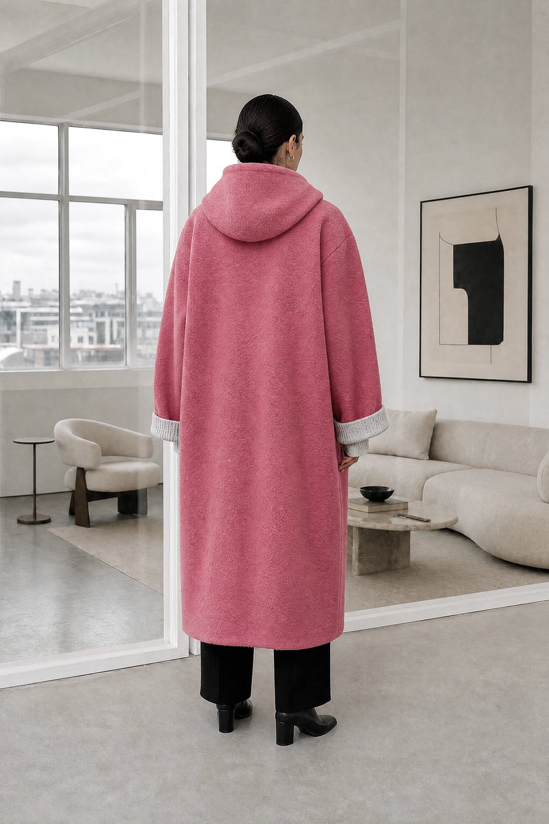 Lana | Hooded Longline Coat in Pink, studio back view