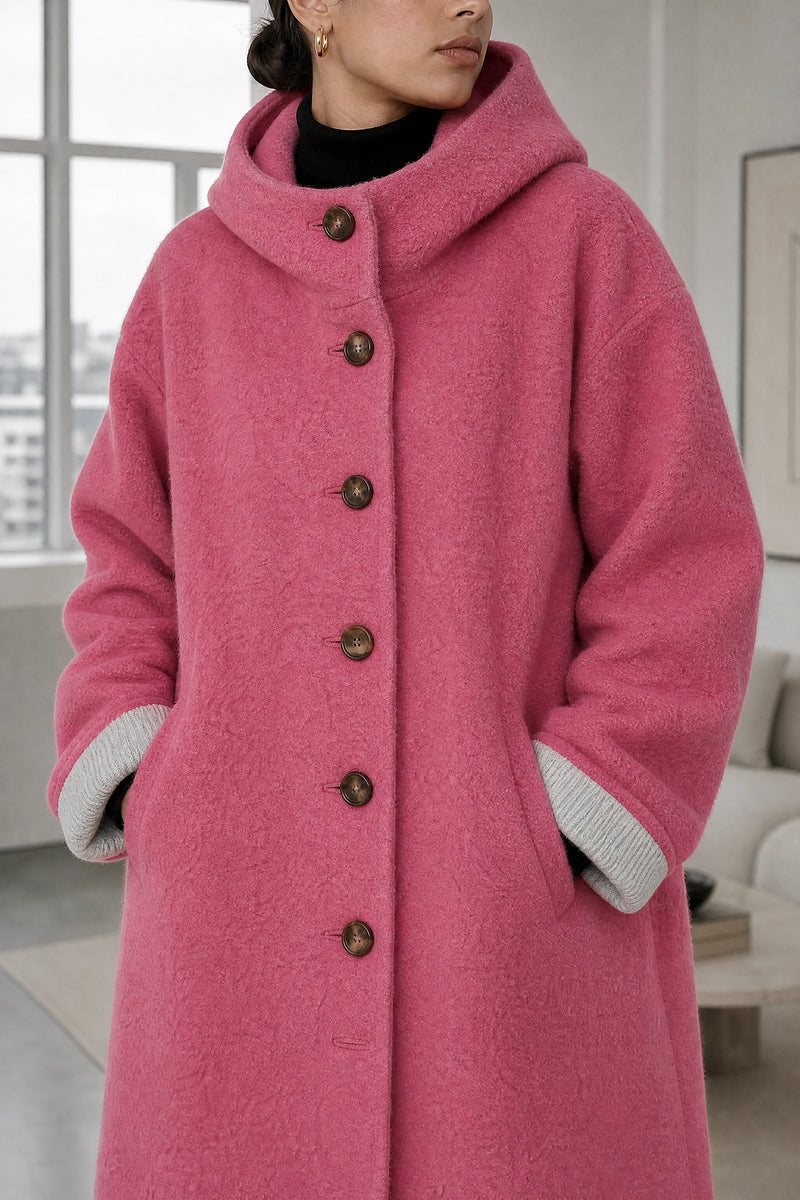 Lana | Hooded Longline Coat in Pink, fabric close-up