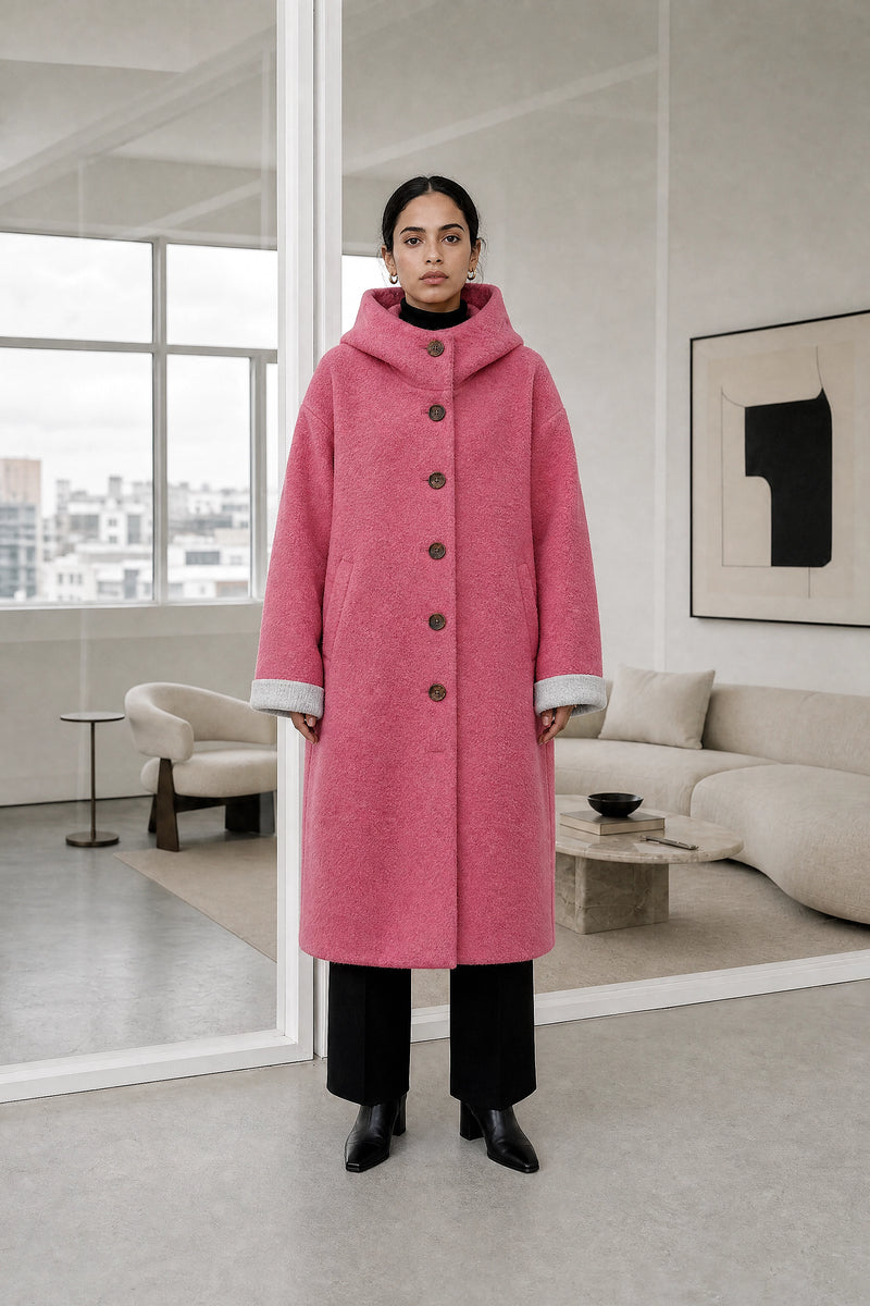 Lana | Hooded Longline Coat in Pink, studio front view