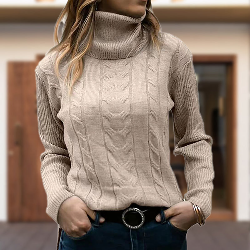 Slim Fit Cable Knit Turtleneck Sweater for Women with Ribbed Sleeves in Beige, front view