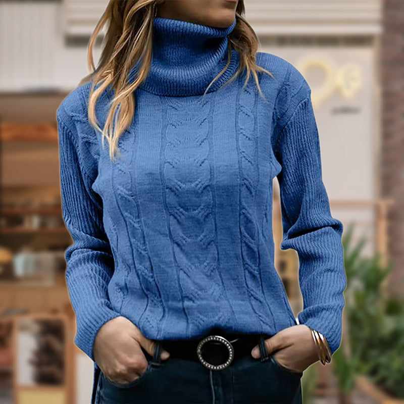 Slim Fit Cable Knit Turtleneck Sweater for Women with Ribbed Sleeves in Blue, front view
