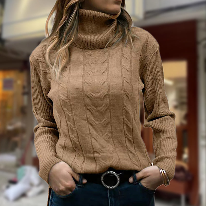 Slim Fit Cable Knit Turtleneck Sweater for Women with Ribbed Sleeves in Brown, close front view
