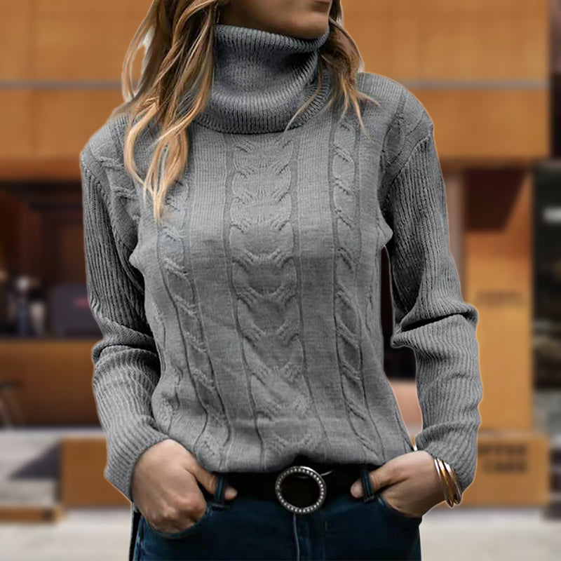 Slim Fit Cable Knit Turtleneck Sweater for Women with Ribbed Sleeves in Gray, front view