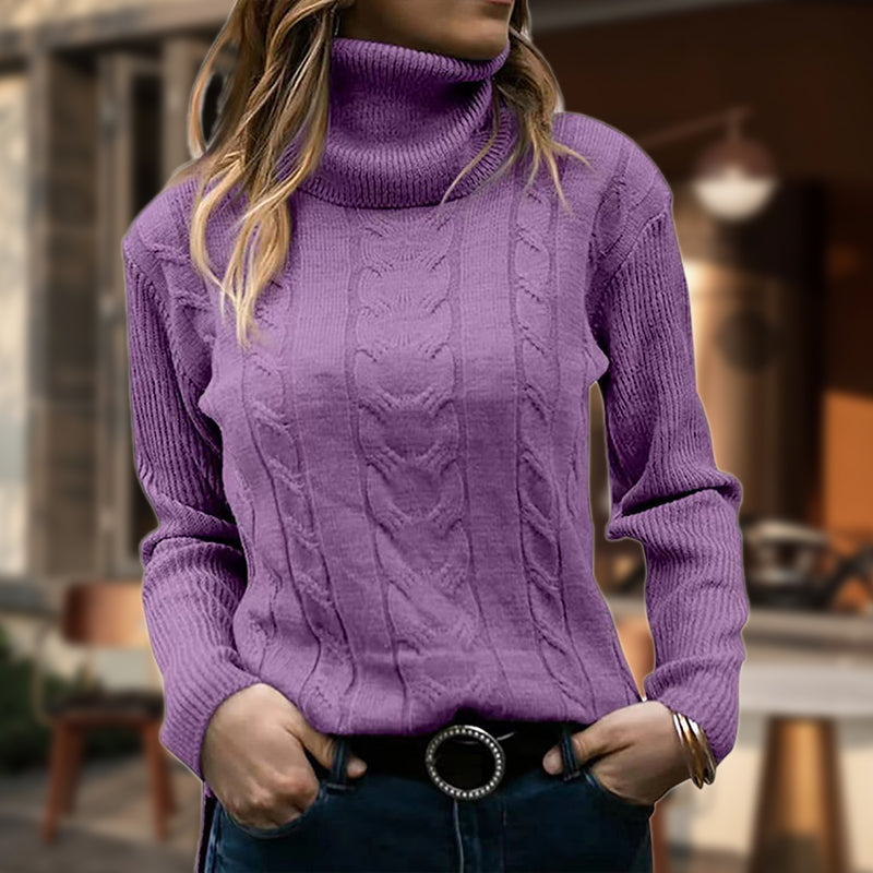 Slim Fit Cable Knit Turtleneck Sweater for Women with Ribbed Sleeves in Purple, front view