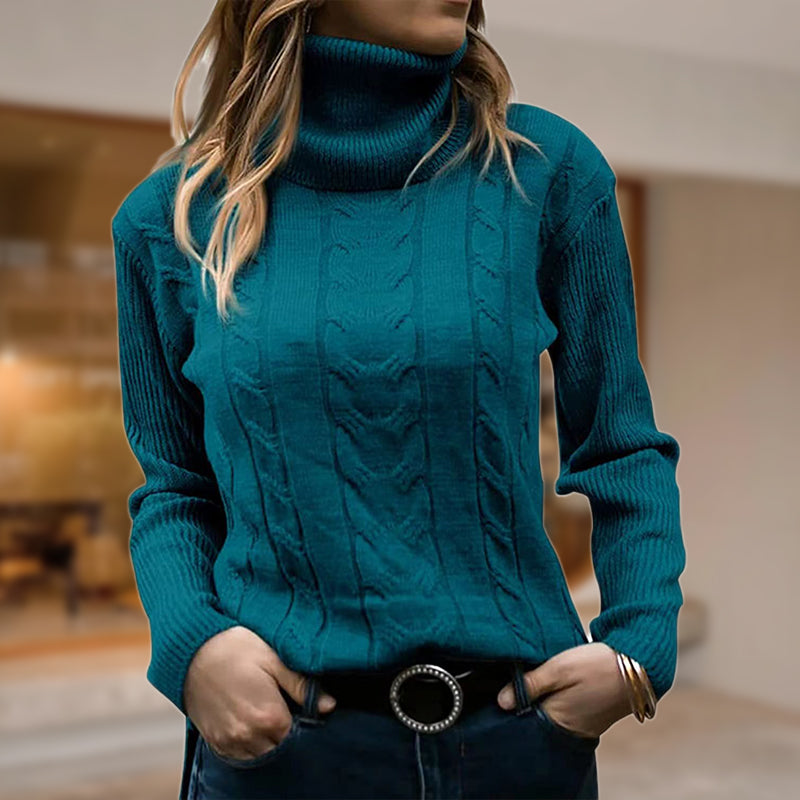 Slim Fit Cable Knit Turtleneck Sweater for Women with Ribbed Sleeves in Teal, front view