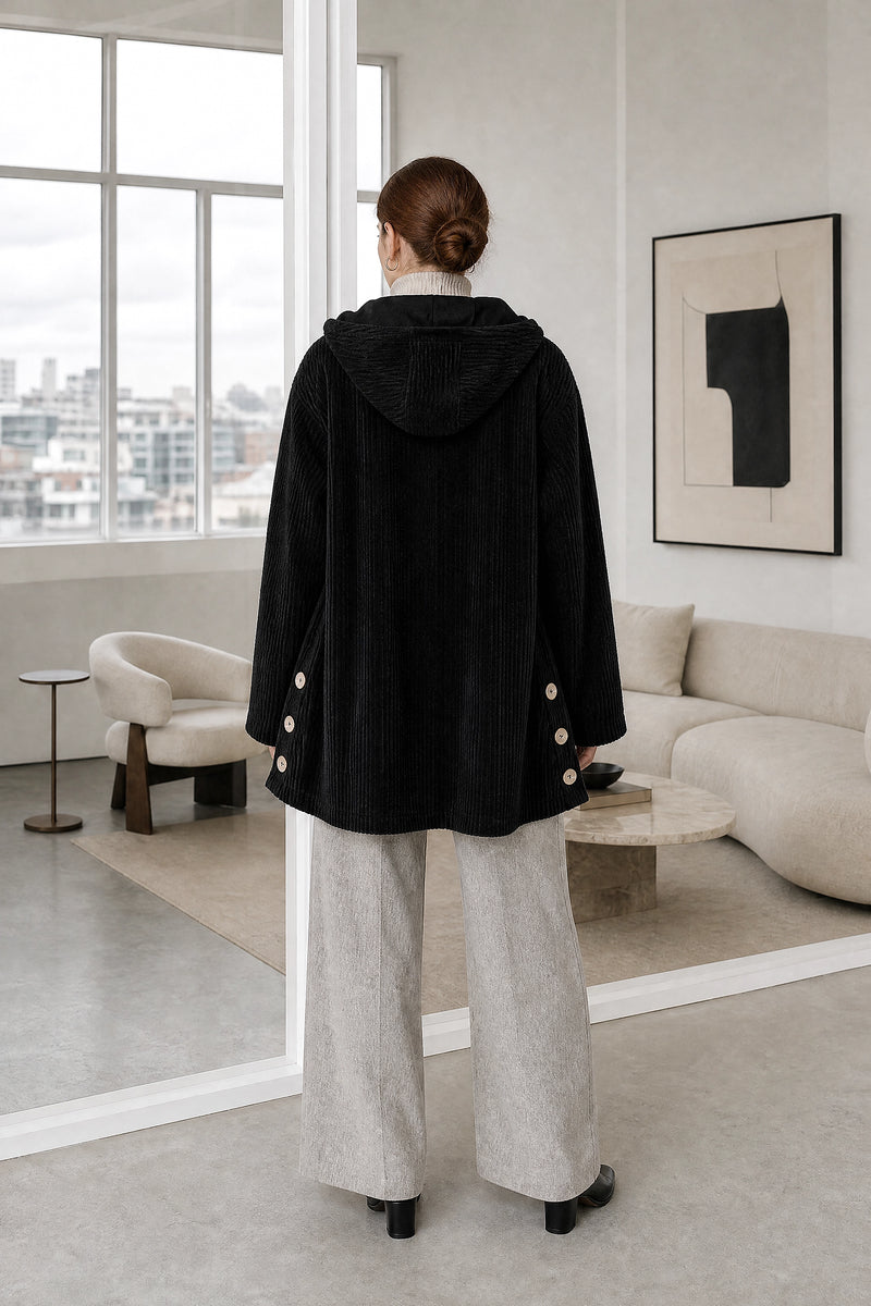 Laura | Corduroy Hooded Jacket in Black, studio back view