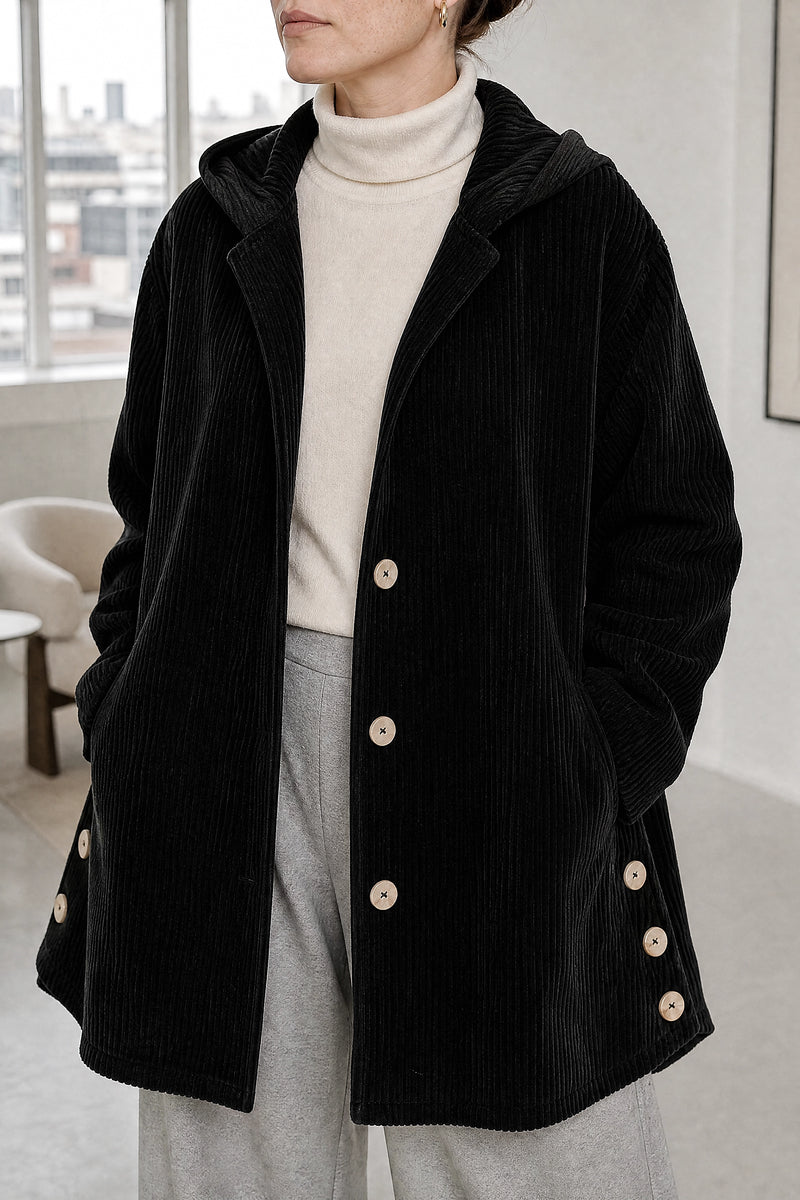 Laura | Corduroy Hooded Jacket in Black, fabric close-up