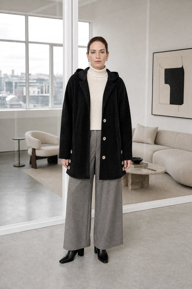 Laura | Corduroy Hooded Jacket in Black, studio front view