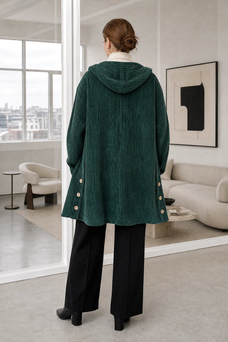 Laura | Corduroy Hooded Jacket in Green, studio back view