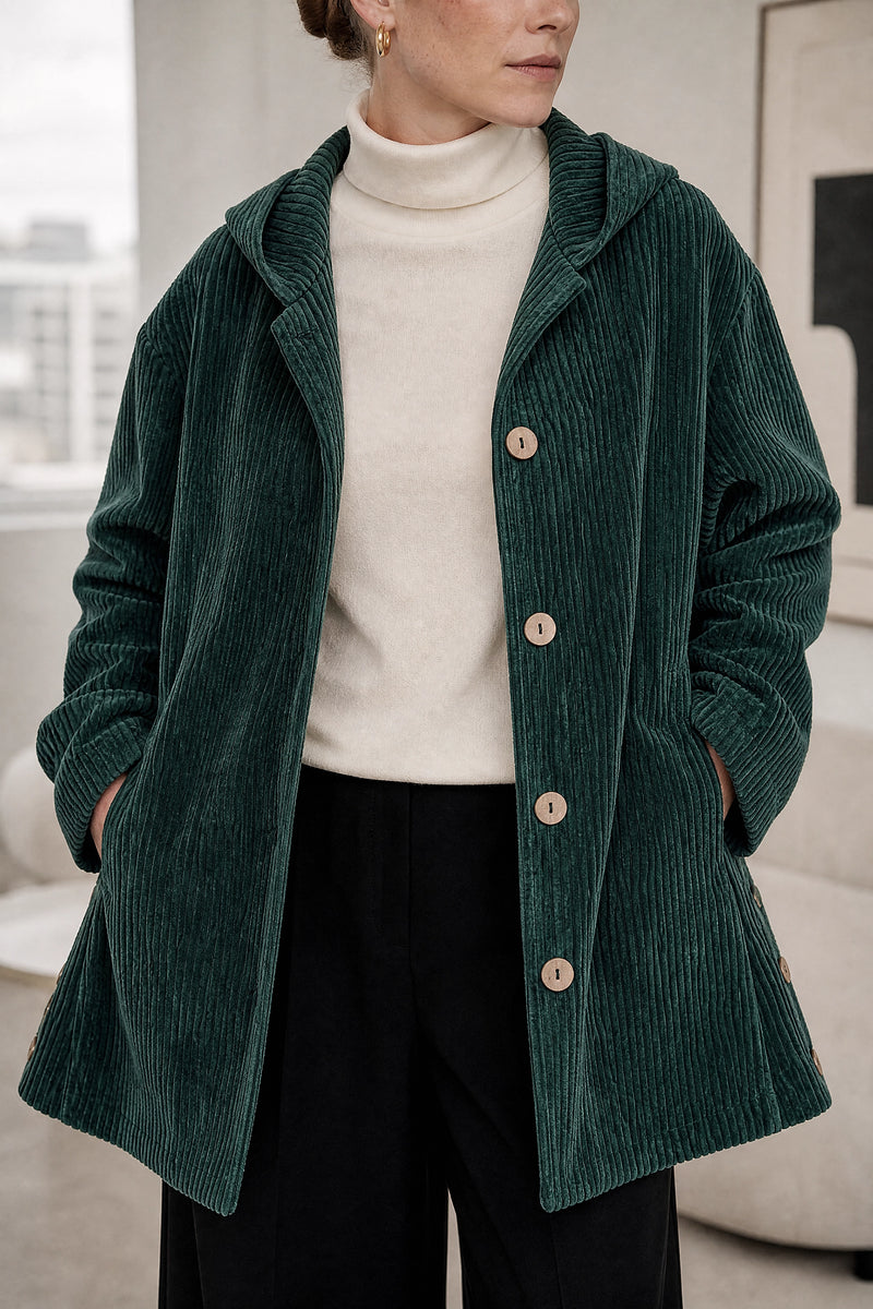 Laura | Corduroy Hooded Jacket in Green, fabric close-up