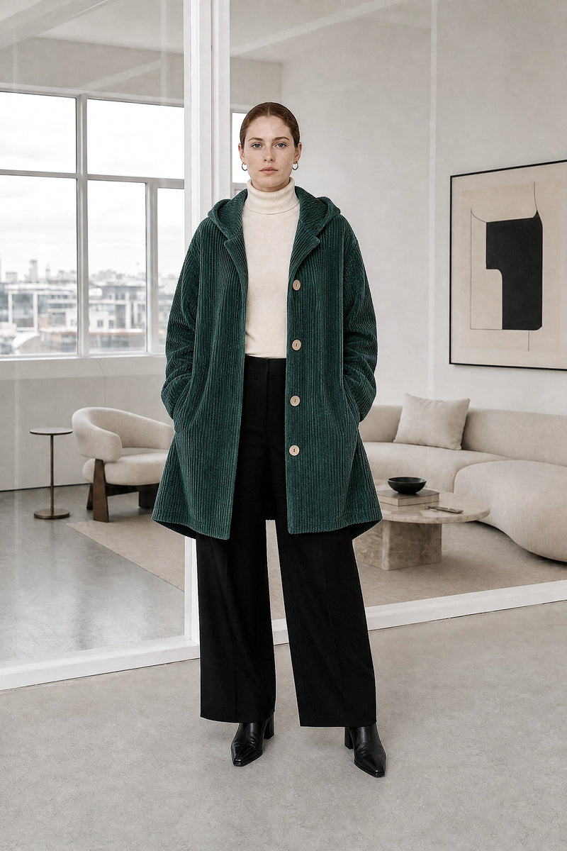 Laura | Corduroy Hooded Jacket in Green, studio front view