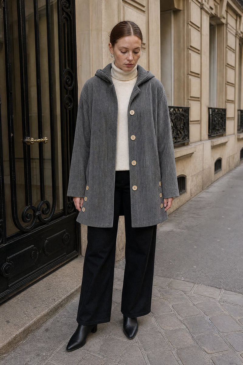 SOFAINE-V7-LIFE-Laura | Corduroy Hooded Jacket in Grey, street-style view